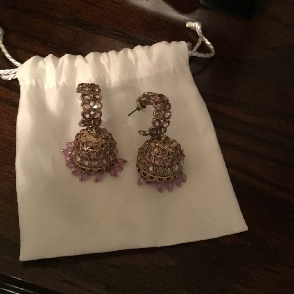 Gold/Brass Tone Jhumka Earrings with Violet Swarovski Stones